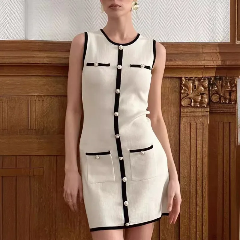 Elegant Button-Trim Mini Dress