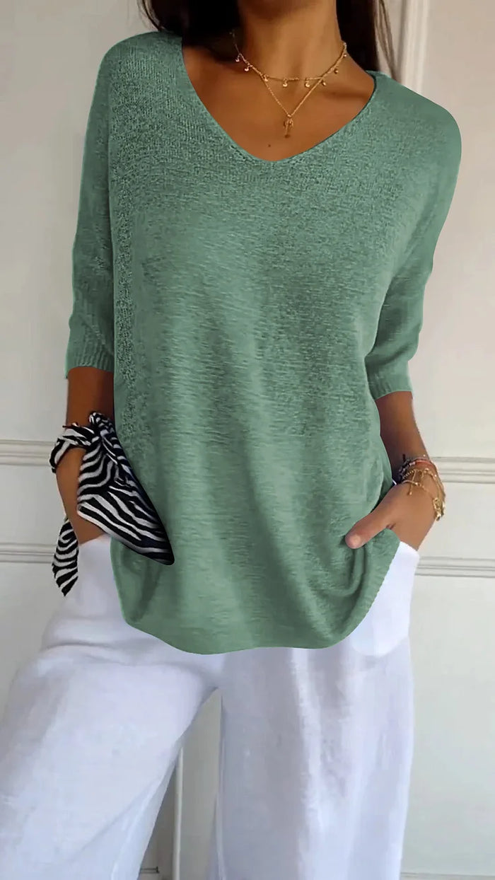 V-neck Knitted Top for Women | 3/4 sleeves