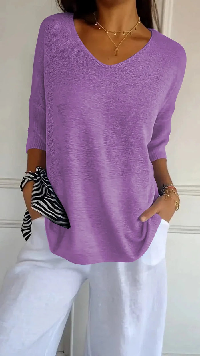 V-neck Knitted Top for Women | 3/4 sleeves