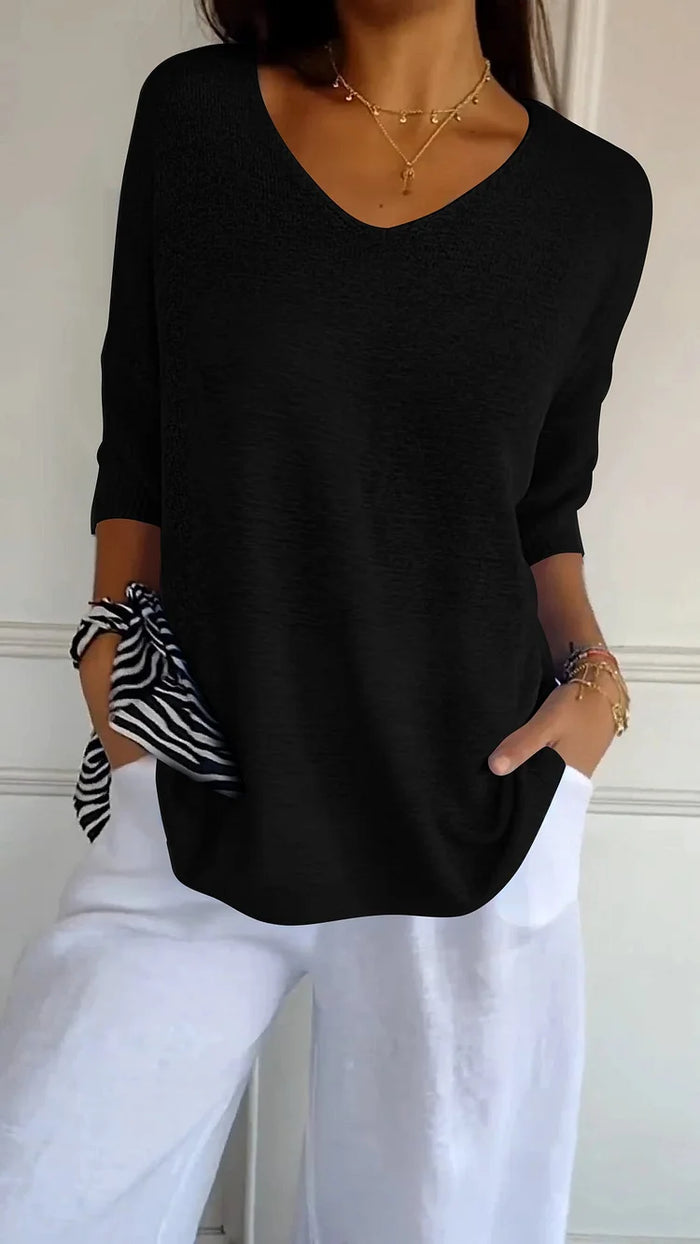 V-neck Knitted Top for Women | 3/4 sleeves