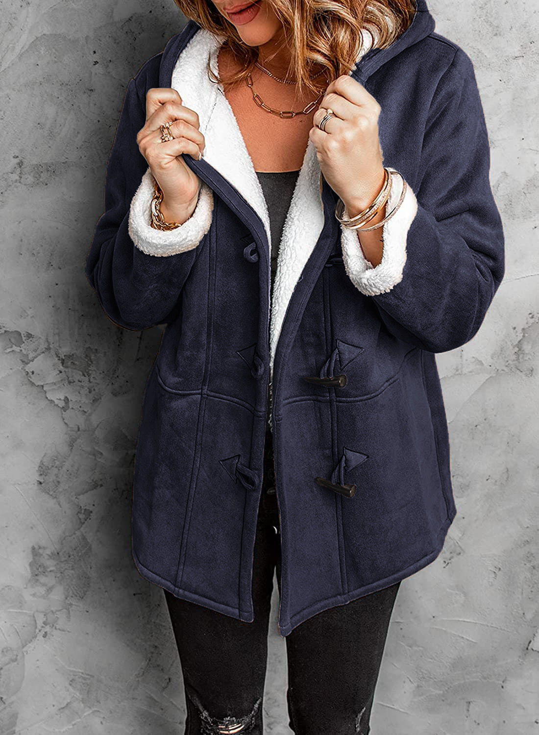 Faux fur lined toggle coat for women