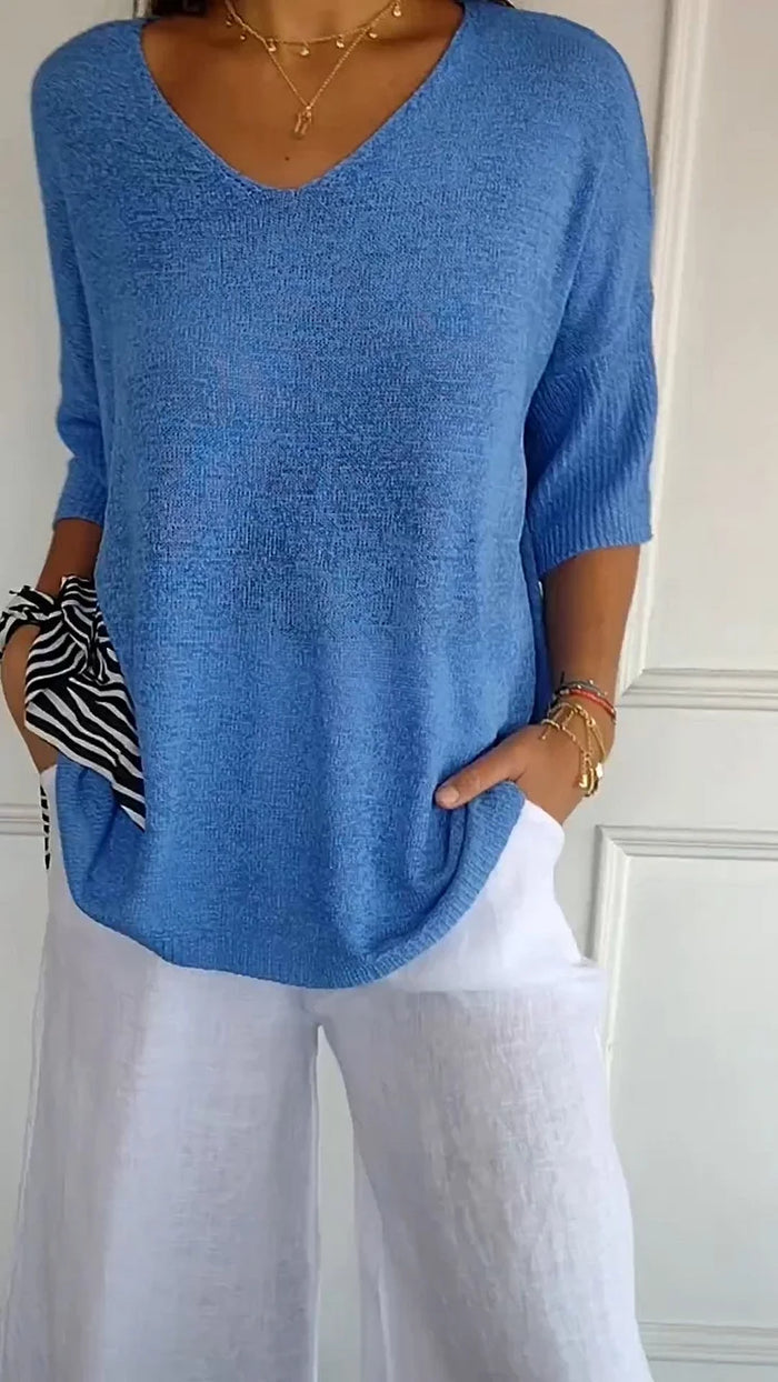 V-neck Knitted Top for Women | 3/4 sleeves