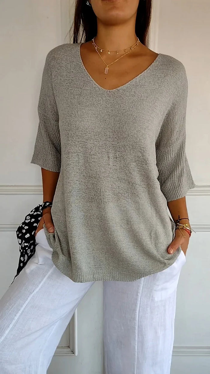 V-neck Knitted Top for Women | 3/4 sleeves