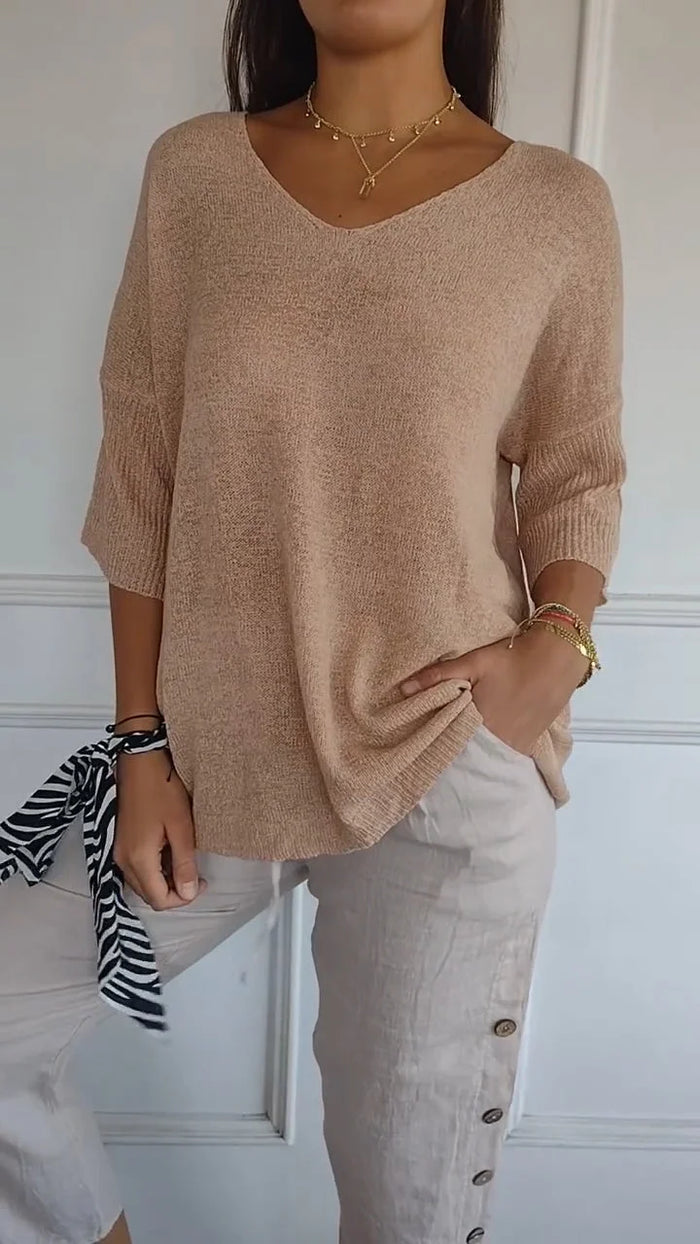 V-neck Knitted Top for Women | 3/4 sleeves