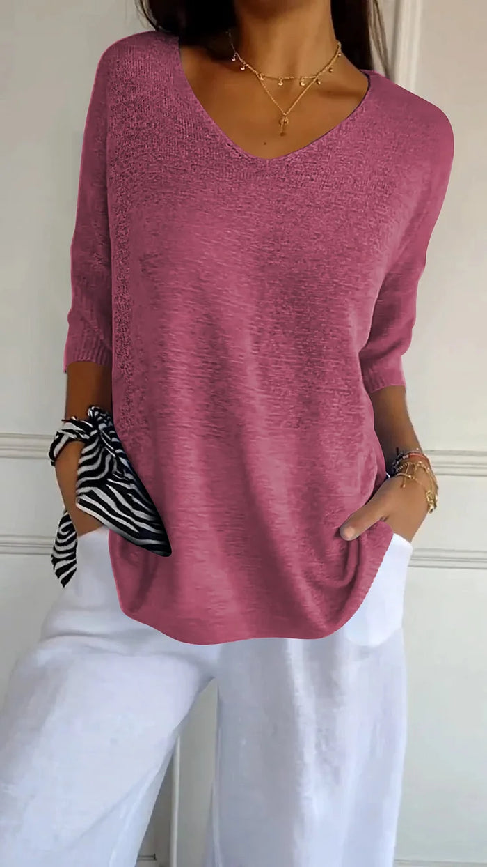 V-neck Knitted Top for Women | 3/4 sleeves