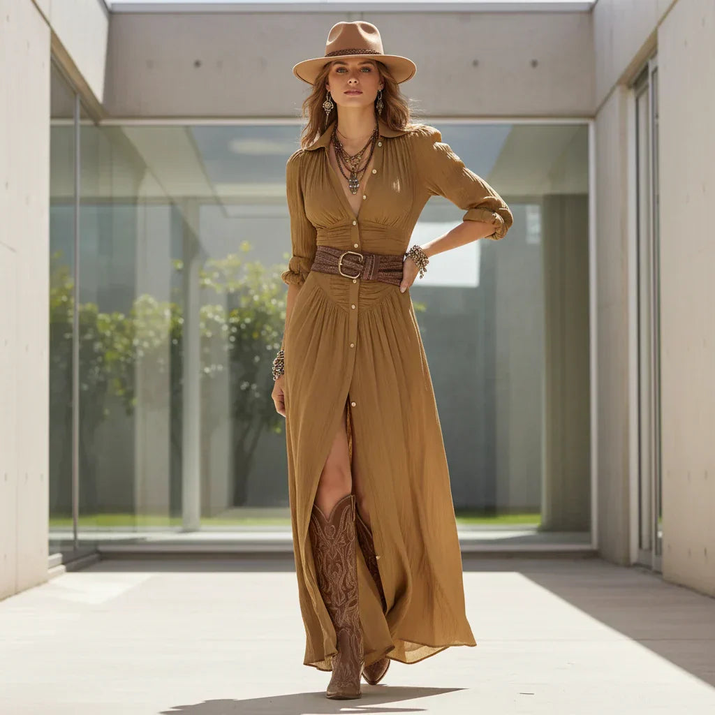 Belted Button-Front Maxi Gown