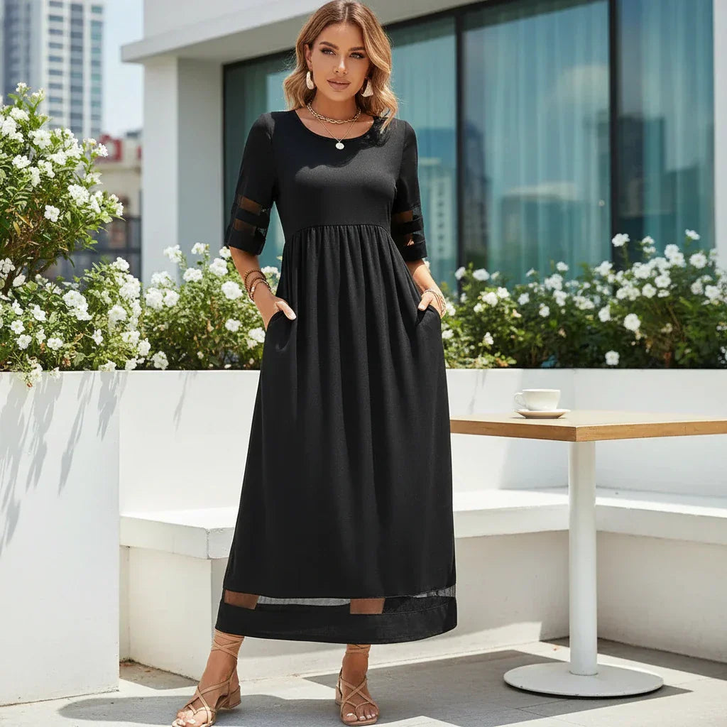 Sheer Sleeve Black Maxi Dress