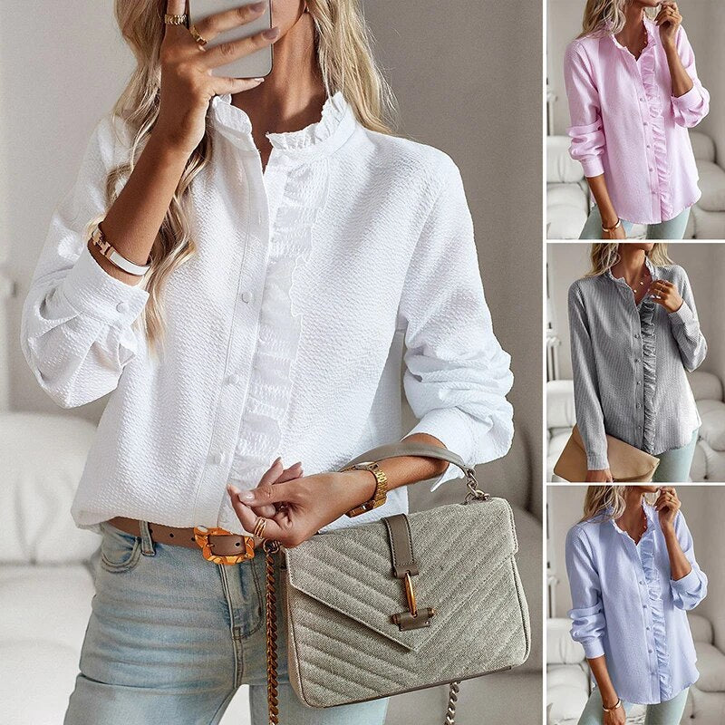 Ruffled button-up blouse for women